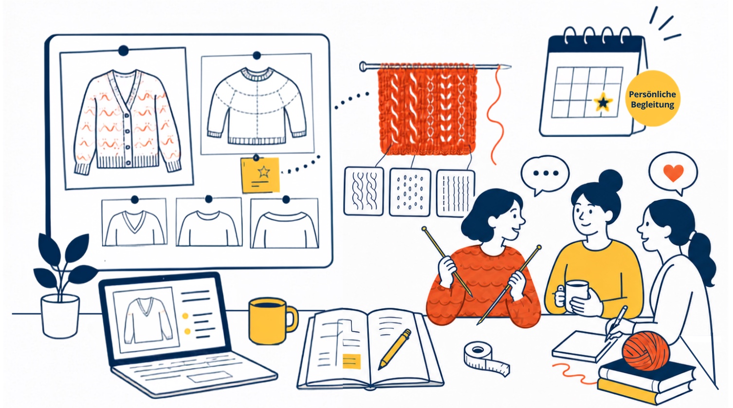 Atelier-Szene: Pinnwand mit Schnittskizzen von Pullovern und Strickjacken, Maschenprobe, Laptop, Notizbuch mit Maßband und drei Frauen, die zusammen stricken und sich austauschen