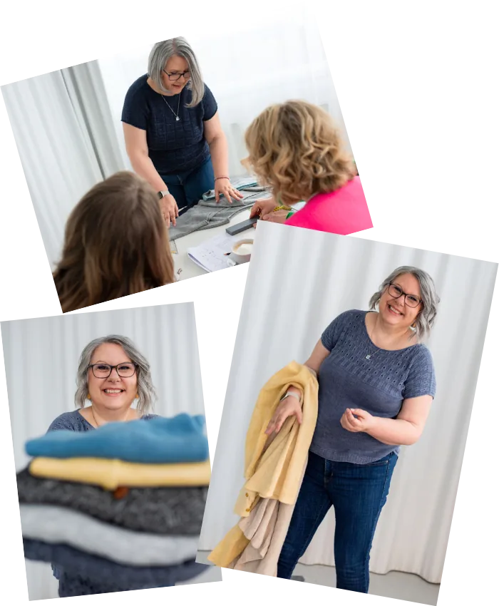 Collage aus drei Fotos: Claudia beim Workshop, Claudia mit Pulloverstapel, Claudia lacht mit Pullover von Arm runterhängend