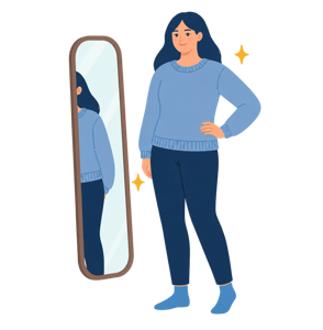 Illustration: eine Frau im blauen Pullover steht selbstbewusst vor einem Spiegel