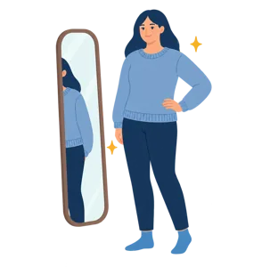 Illustration: eine Frau im blauen Pullover steht selbstbewusst vor einem Spiegel