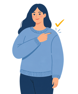 Illustration: eine Frau im blauen Pullover zeigt auf ihre Schulter, daneben ein Häkchen