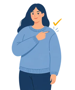 Illustration: eine Frau im blauen Pullover zeigt auf ihre Schulter, daneben ein Häkchen