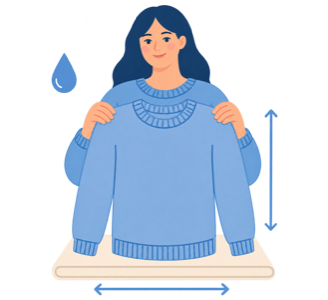 Illustration: eine Frau hält einen blauen Pullover hoch, daneben ein Wassertropfen und Maßpfeile