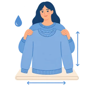 Illustration: eine Frau hält einen blauen Pullover hoch, daneben ein Wassertropfen und Maßpfeile