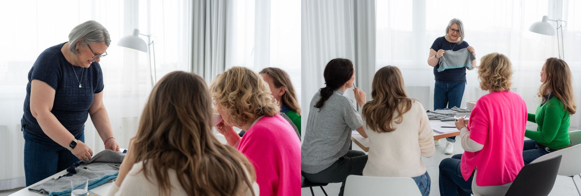 Zwei Fotos von einem Passformworkshop vor Ort mit Claudia und vier Teilnehmerinnen