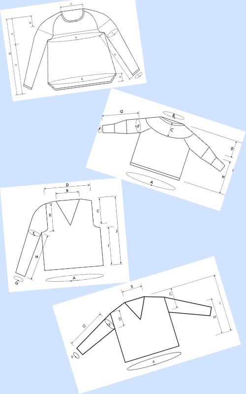 Vier Schemazeichnungen von Pullovern mit eingezeichneten Maßstrecken