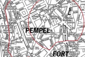 Ausschnitt des Düsseldorfer Stadtplan mit dem Stadtteil Pempelfort und Markierung der Evakuierungsgebiete