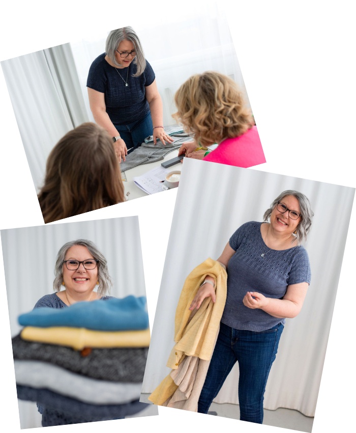 Collage aus drei Fotos: Foto oben: Claudia beim Workshop, Foto links unten: Claudia mit Pulloverstapel, Foto unten rechts: Claudia lacht mit Pullover von Arm runterhängend