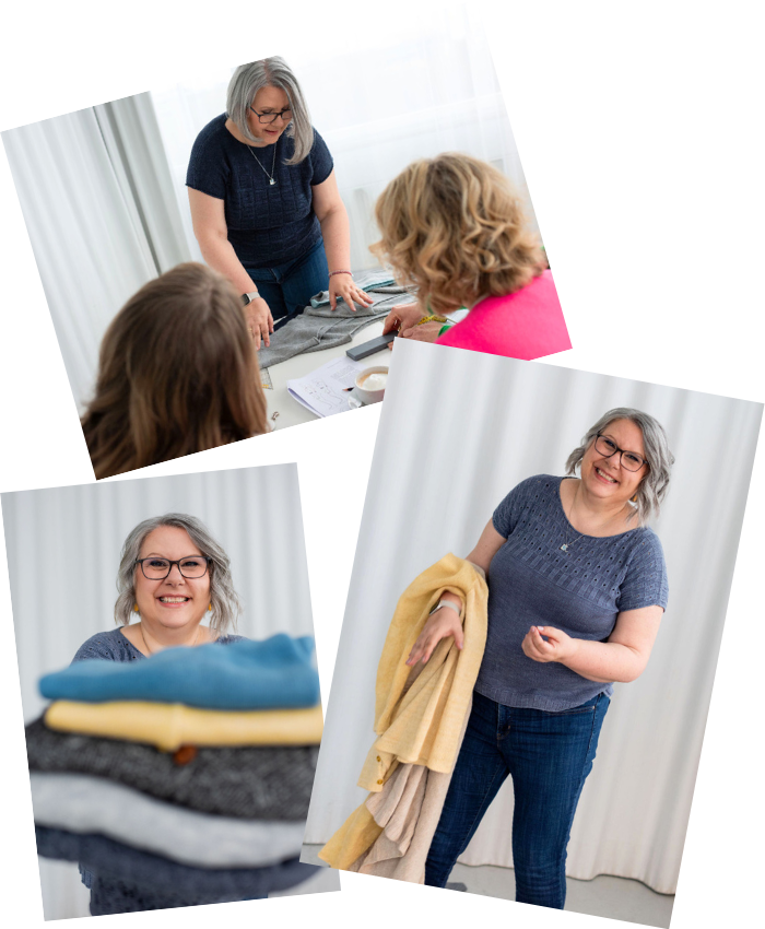Collage aus drei Fotos: Foto oben: Claudia beim Workshop, Foto links unten: Claudia mit Pulloverstapel, Foto unten rechts: Claudia lacht mit Pullover von Arm runterhängend