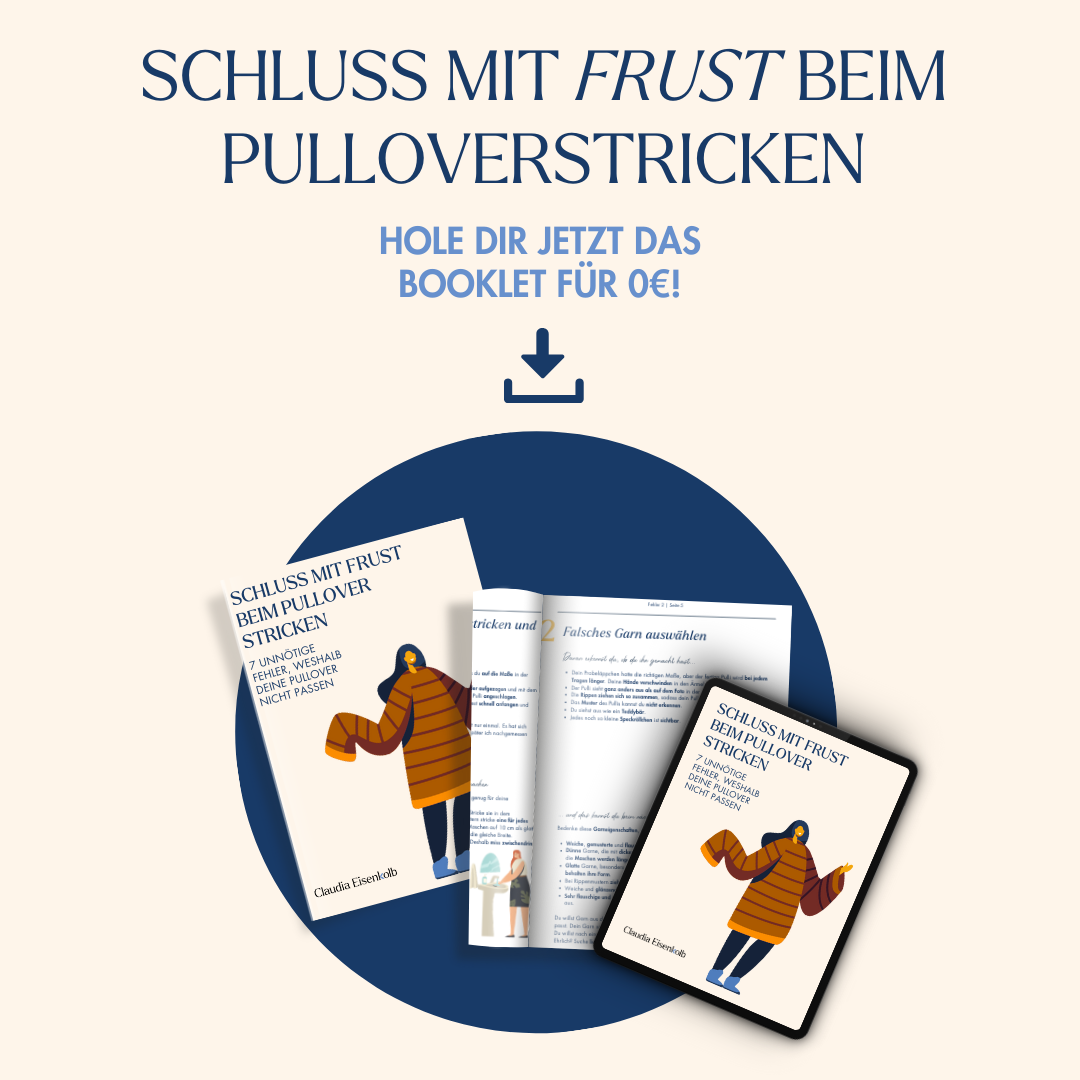 Grafik mit Mockup für Leadmagnet Schluss mit Frust zum Pulloverstricken Booklet mit Text und einer gelben und einer hellblauen amorphen Form auf beigefarbenen Hintergrund