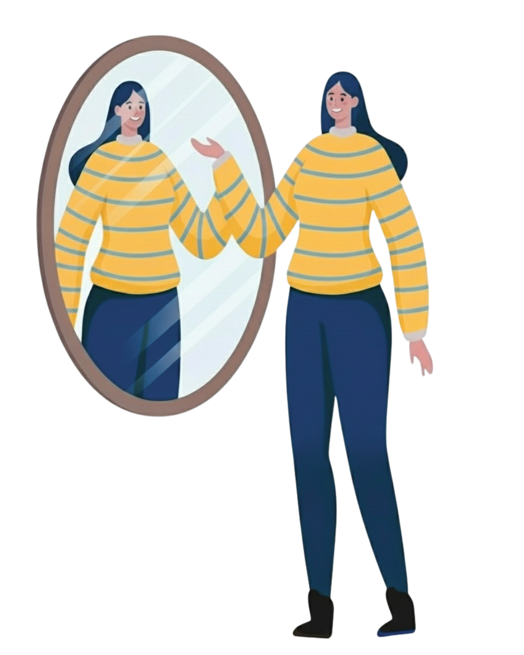 Grafik von Frau mit passendem Pulli vor einem Spiegel mit ihrem Spiegelbild