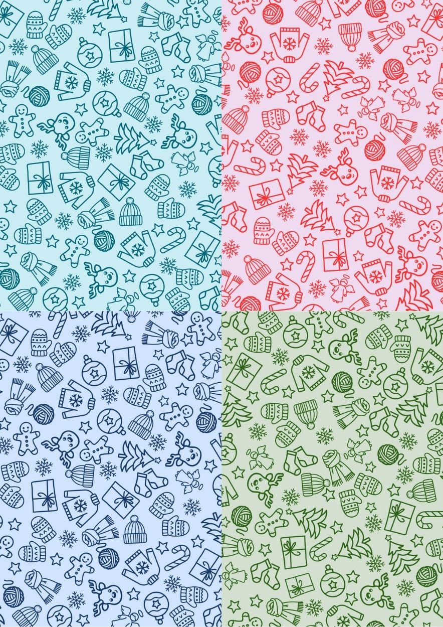 Geschenkpapier mit Weihnachts- und Strickmotiven in 4 Farben