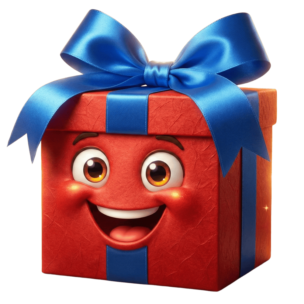 Rotes Geschenkkarton mit blauer Schleife und Comic-Gesicht